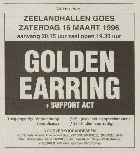 1996-03-16 Golden Earring show ad  March 16 1996 Goes - Zeelandhallen